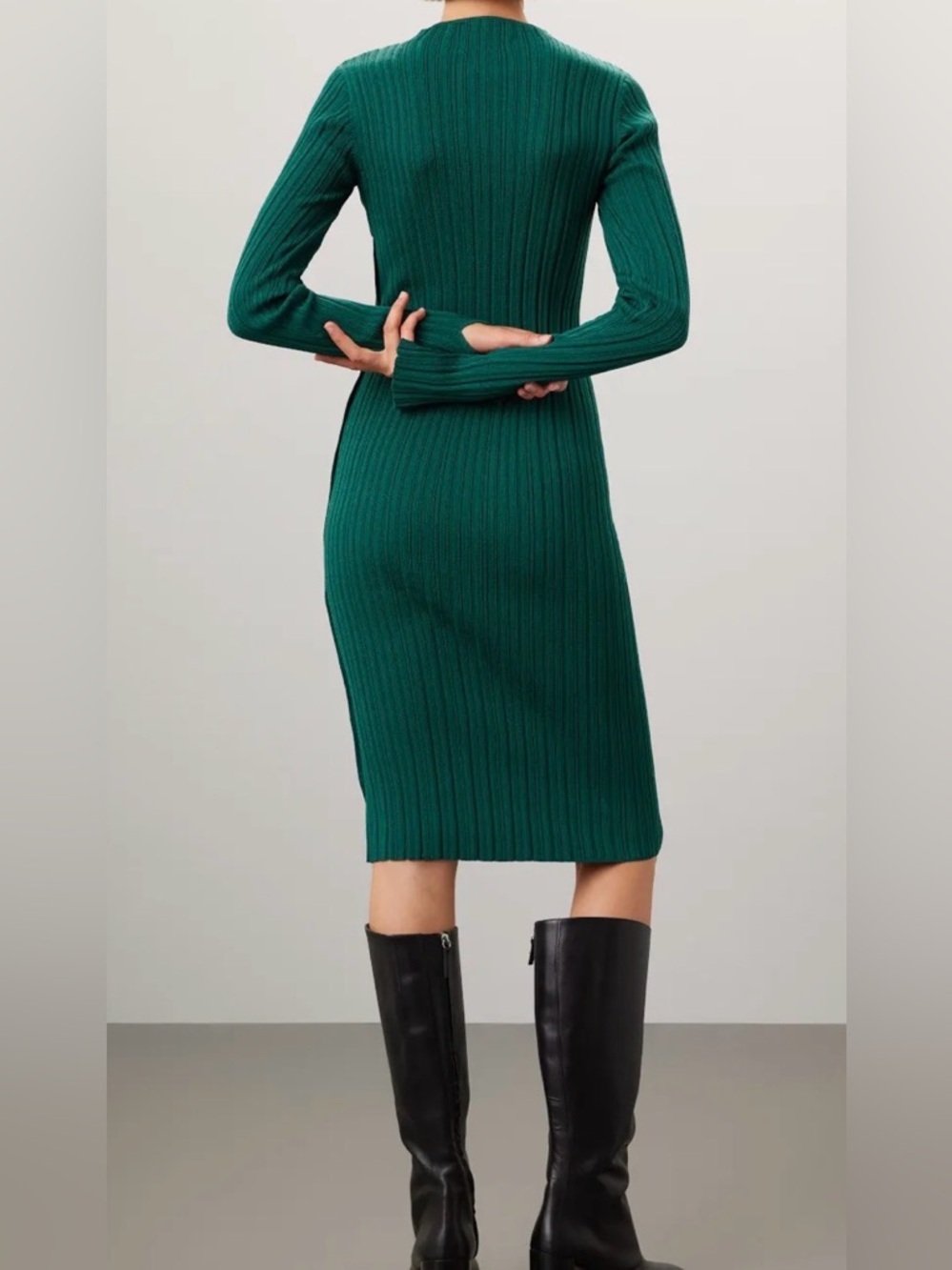 Adam Lippes Ribbed Long Sleeve Button-Trim Midi Dress in Green - Picture 3 of 12